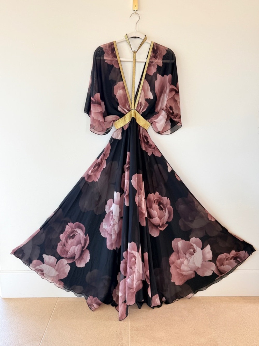 Jasmine Floral Chiffon Maxi Dress Black Pink Gold Empire Waist Size S - Picture 5 of 11